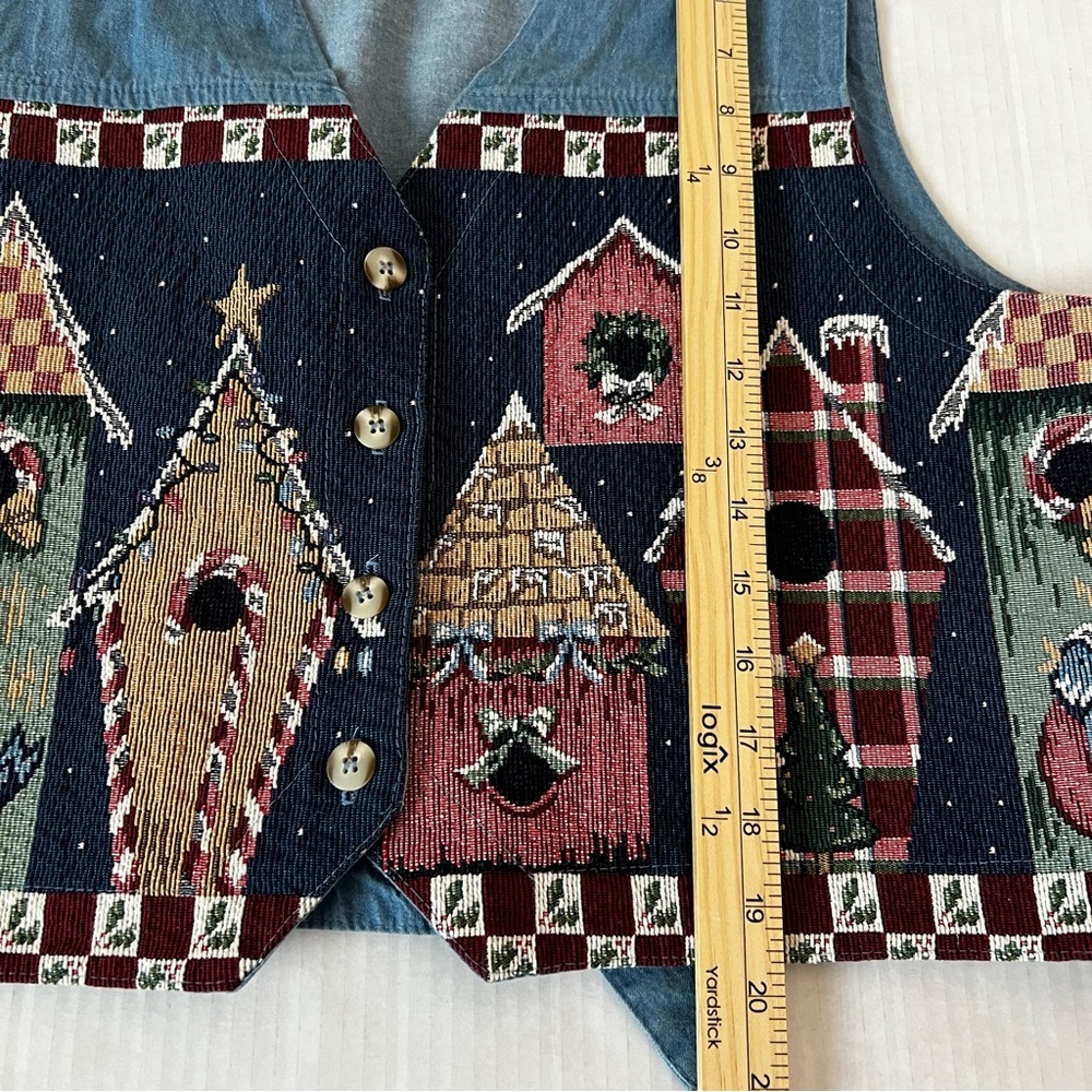 Vintage Orvis Made in the USA Chambray Christmas Birdhouse Tapestry Vest Large - Picture 11 of 11
